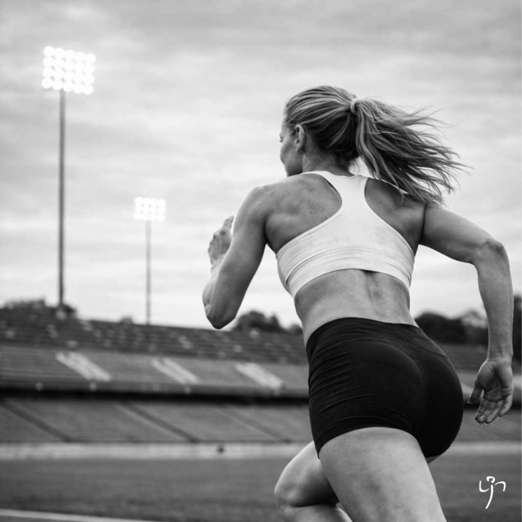 EIne Läuferin in schwarz/weiß läuft.